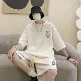 Korean Fashion Men Short Sets Hip Hop Rock Casual Short Suit Funny Bear Tshirts Shorts 2 Piece Set Summer Tracksuit Men 240429
