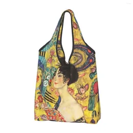 Storage Bags Gustav Klimt Lady With Fan Grocery Shopping Cute Shopper Shoulder Tote Bag Large Capacity Portable Handbag