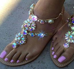 woman sandals women Rhinestones Chains Flat Sandals plus size Thong Flat gladiator chaussure femme2691525