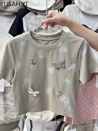 Women's T Shirts KUSAHIKI Diamond Metal Butterfly Round Neck Short Sleeved T-shirt For Women 2024 Fashion Versatile Slimming Elastic