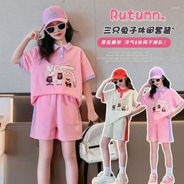 Clothing Sets Children Items Girls Summer Polo Collar Lapel Suit Cartoon Printed Top Shorts Two-piece Set Wholesale