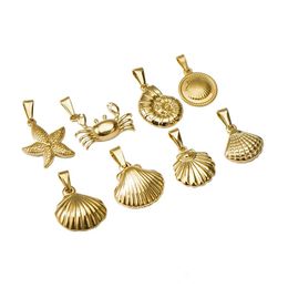 5PCS/Lot 316L Stainless Steel Gold Plated Starfish Conch Scallop Crab Shell Charm Pendant For Necklace Jewellery DIY Making Retro 240511