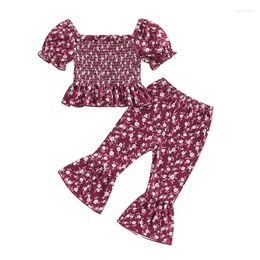 Clothing Sets Toddler Girl Summer Outfit Floral Print Boat Neck Short Sleeve Off Shoulder Tops Elastic Waist Flare Pants Set