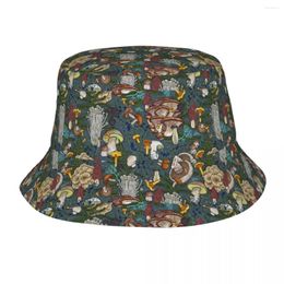 Berets Mushroom Forest Bucket Hat For Unisex Wild Pattern Fisherman Hats Vintage Fishing Caps Soft Fold Outdoor Design Visor