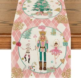 Pink Plaid Nutcracker Snowflake Christmas Table Runner Winter Kitchen Table Decoration Suitable for Family Party Decoration 240430