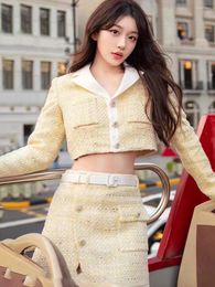 Two Piece Dress Yellow Tweed Elegant Suit Skirt Sets 2 For Women Short Jacket And Mini Sweet Outfits Dating Wear French