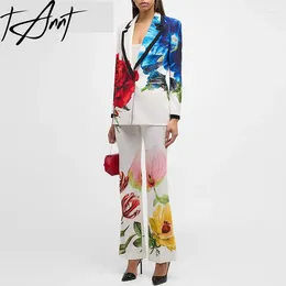Women's Two Piece Pants TANNT Women Suits 2024 Temperament Fashion Digital Printing Blazer Coat High Waist Long Flare Pieces Set
