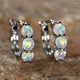 Hoop Earrings Cute Female White Fire Opal Stone Round Vintage Silver Colour Wedding Jewellery For Women