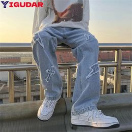 Korean High Street Loose Casual Pants Mens Embroidered Cross Flare Jeans Denim Forwomen Men Same Paragraph Y2k baggy pants 240429