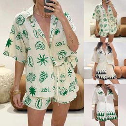 Women's Tracksuits Causal Green Print Lace Up Shorts 2 Pcs Sets Women Fashion Loose Cropped Tops Elastic Waist Short Suits Summer Lady