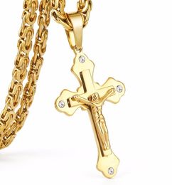 Stainless Steel Gold Colour Crystal Jesus Cross Pendant Necklaces 6mm Heavy Link Byzantine Chain Men Necklace Mn69 Christmas Gift1159255