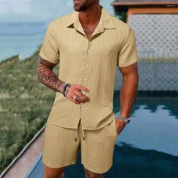 Men's Tracksuits Versatile Men Two-piece Suit Casual Lapel Shirt Drawstring Waist Shorts Set Solid Colour Loose Fit Outfit For Summer