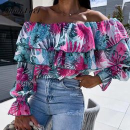 Women's Blouses Elegant Pattern Printed Bohe Blouse Women Sexy Off Shoulder Long Sleeve Shirt Spring Summer Fashion Ruffle Draped Pullover