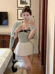 Work Dresses High Quality Coat Summer Elegant Small Fragrance 3 Piece Set Women Sexy Top Pleated Skirt Suits Korean Sweet Two Peice Sets