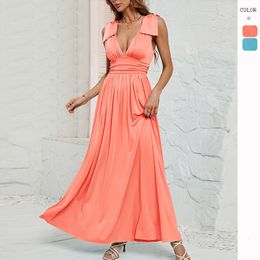 Women's Summer New Solid Colour V-neck Waist Cinching Large Hem Dress