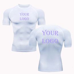 Brand custom printed compressed mens T-shirt you can design your own short sleeved gym exercise quick drying sports T-shirt running top 240425