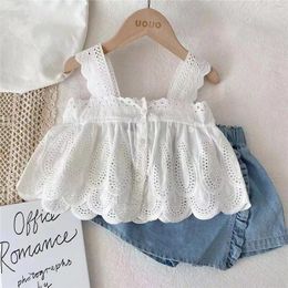 Clothing Sets Children's Outfit Summer Kids Lace Edge Girl Casual White Suspender Denim Skirt