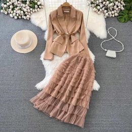 Work Dresses Luxury 2 Piece Set Women Fashion Elegant Spring Autumn Notched Neck Single Breasted Long Sleeve Belt Jacket Coat Cake Skirt