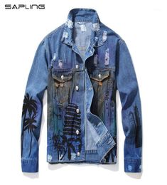 High Quality Men039s Loose Coconut Palm Printed Jean Jacket Fashion Holes Ripped Male Denim Coat Letters Painted Mens Outerwear7355893