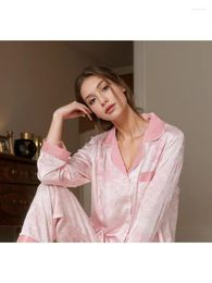 Women's Two Piece Pants Spring And Autumn Patterned Temperament Pajamas Pink High-end Light Luxury Long Ice Silk Set Home Clothing