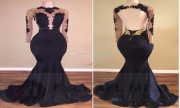 African Black and Gold Mermaid Prom Dresses Long Sleeves Open Back Appliques Beads Sweep Train See Through Burgundy Evening Party 1506921