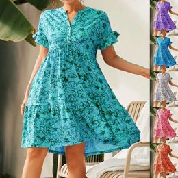 Spring/summer V-neck Button Printed Short Sleeved Loose Casual Dress for Women