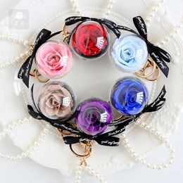 Wholesale High Quality Beautiful Pearl Preserved Rose Flower Keychain For Women Bag Car Key Chain Gift