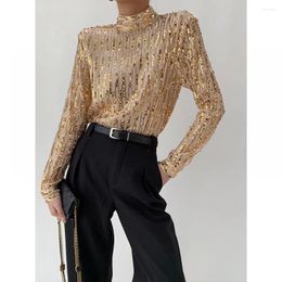Women's Blouses Spring Women Mesh Tops Brand Blouse Handcrafted Sequin Blingbling Striped Golden Luxury Shirts Long Sleeve Stand Collar