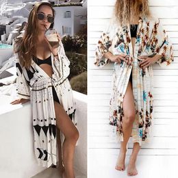 Casual Dresses Summer Seaside Vacation Loose Sun Protection Clothes Floral Bikini Cover-up Women Large V-Neck Tie Midi Skirt Swimsuit
