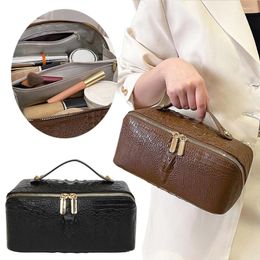 Cosmetic Bags Snakeskin Pattern Makeup Bag PU Leather Open Flat Travel Organizer Toiletry For Women