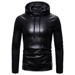 Men's T-Shirts Idopy Autumn Winter Men Black PU Leather Hip Hop Long Sleeve T Shirt With Hooded Side Split Punk Tees Tops Hoodie For MaleMen 217T