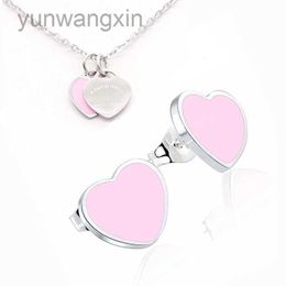 Vintage enamel PINK Green Heart Charms Necklace and Earring Jewelry set Pendant Women Men chain Stainless Jewellry sets