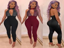 Women Sexy Club Jumpsuits Rompers Plaid Rhinestone Bodysuits Halter Hollow Deep V Mesh Patchwork Skinny Cocktail Party Catsuits8211141