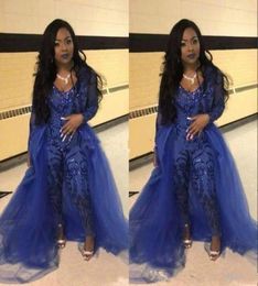 Trendy Jumpsuit Prom Dresses Pants Overskirt Long Sleeve Royal Blue Sequins Party Evening Gowns Robe De Soiree Celebrity Special O8493663
