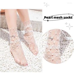 Women Socks 1pair Sexy Mesh Summer Women'S Fashion Pearl Black White Breathable Transparent Heer Mid-Calf Stacked