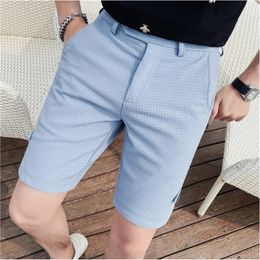 Fashion Waffle Waist Stretch Suit Shorts Mens Casual Summer Quarter Pants Mens Casual Slim Fit Knee-length Plaid Shorts 29-36 240416