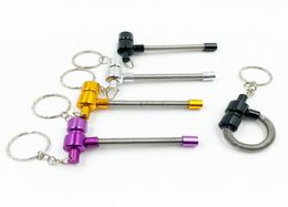 Colours Spring Metal Smoking Pipe aluminium one hitter with spring bats portable hand pipes key chain 76mm lenght metal tobacco pip4913259