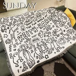 Black White Graffiti Blanket for Bed Cartoon Cotton Throw Creative Interesting Doublesided Outdoor Camping Picnic Mat 240430