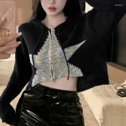 Women's Knits DAYIFUN-Retro Knitted Cardigans Women Patchwork Stars Sweaters Y2K Vintage Cropped Hooded Jumpers Streetwear Autumn 2024 Tops