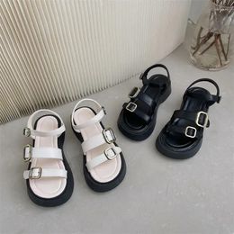 Dress Shoes Sandals For Woman Open Toe Women's Summer 2024 Footwear Black Flat Platform One Word Anti Slip Korea The Daily F