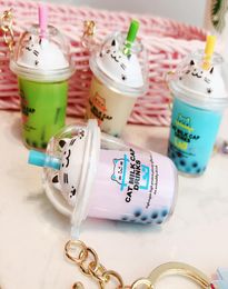 keychain Keychain Cartoon Cat Car Mini Milk Tea Cup Liquid Crystal Quisand Sequin Key Ring Bag Pendant for Women3525323