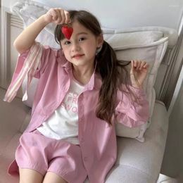 Clothing Sets Girls Suit Korean Style 2024 Summer Solid Colour Blouse Shorts Tank Top Three Piece Fashion Comfort Children