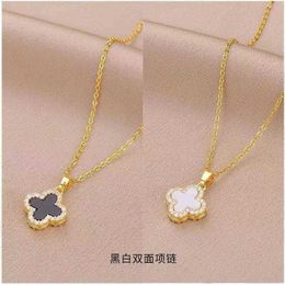 Japanese and Korean Version Colour Double-sided Black White Diamond Inlaid Clover Necklace Female Lucky Grass Pendant Clavicle Chain Net Red Accessories