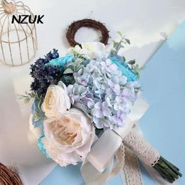 Wedding Flowers NZUK Light Blue Bridal Bouquets Handmade Champagne Silk Roses Bride Accessories Mariage