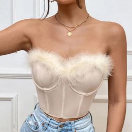 Women's Tanks Line Patchwork Feathers Short Corset Tops Women Sexy Off Shoulder Strapless Backless Sleeveless Solid Skinny Streetwear