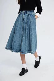 Skirts Women Summer Denim Pleated Skirt Fashion Vintage Casual Jeans All-match High Waist A-Line Blue 2024