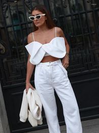 Women's Tanks 2024 Female Summer Vintage Bow Camis Tops Off Shoulders Tight Solid Sleeveless Cropped Suspender Top Wild Trendy