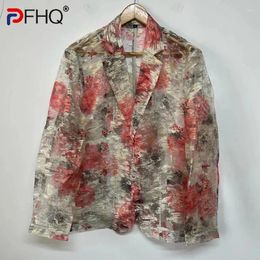 Men's Suits PFHQ Jacquard Organza Male Summer Blazer Sexy Single Breasted Print Colourful Sunscreen Personalised Casual Jackets 21Z4556