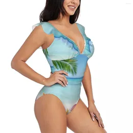Women's Swimwear Ruffled One-piece Swimsuit Women Summer Starfish Palm Tree Sand Beach Sexy Lace Up Monokini Girl Bathing Suit