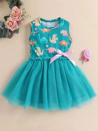 Summer 15 Years Little Girl Princess Dress Clothing Baby Sleeveless Dinosaur Print Mesh For Kids Party 240416